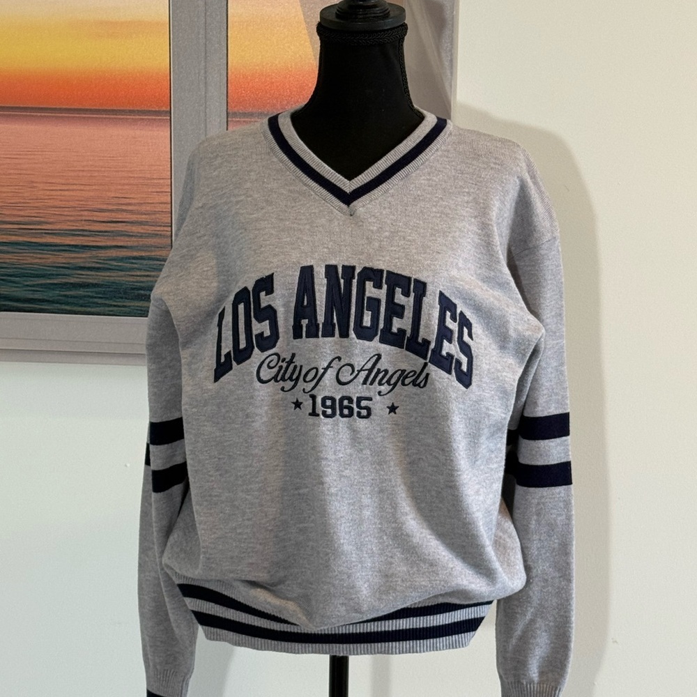 Charlotte Russe Gray and Blue V-Neck Sweater with Collegiate Style